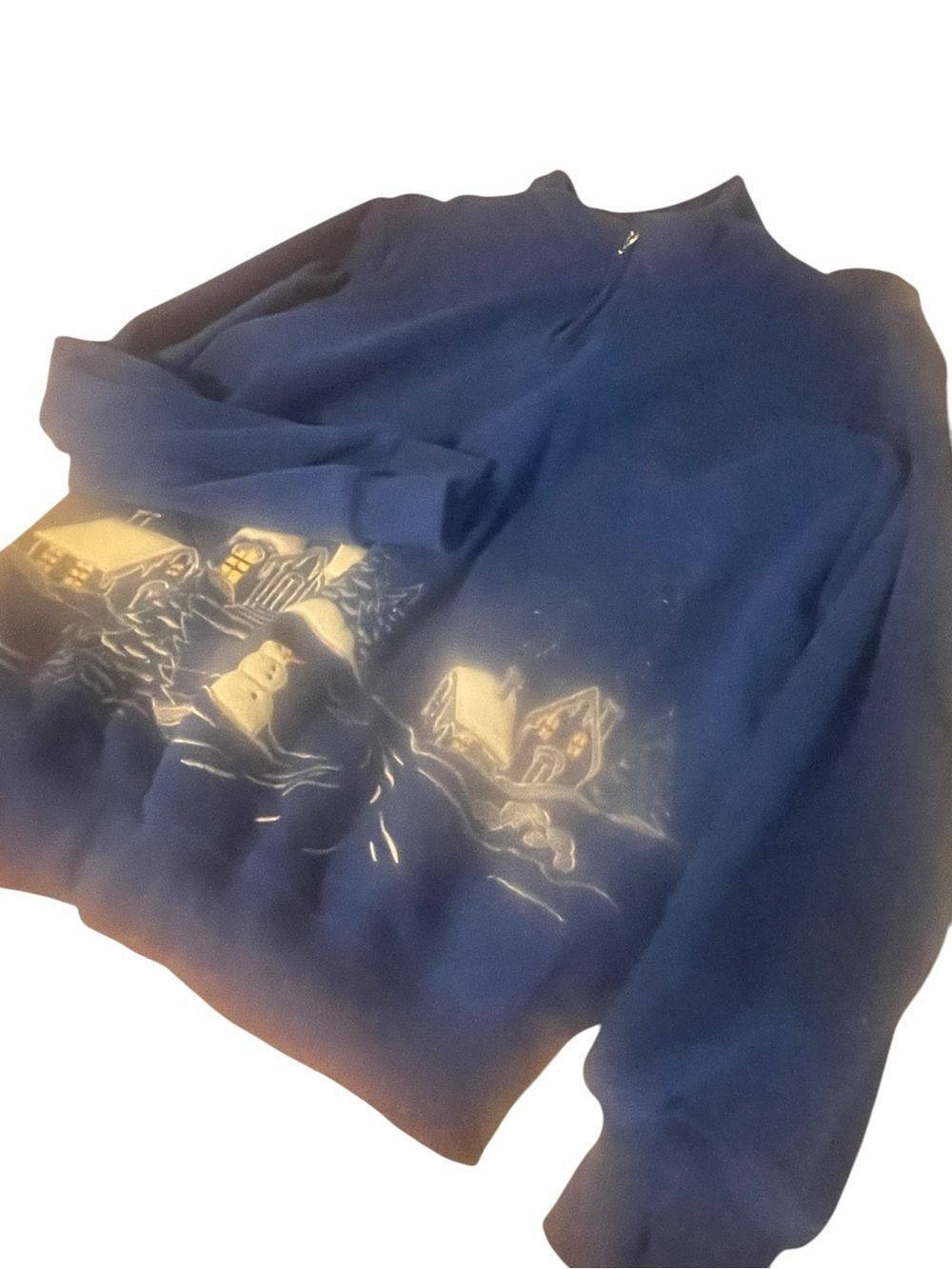 Alfred Dunner Navy Blue Women's Quarter-Zip Sweater with Winter Village Motif
